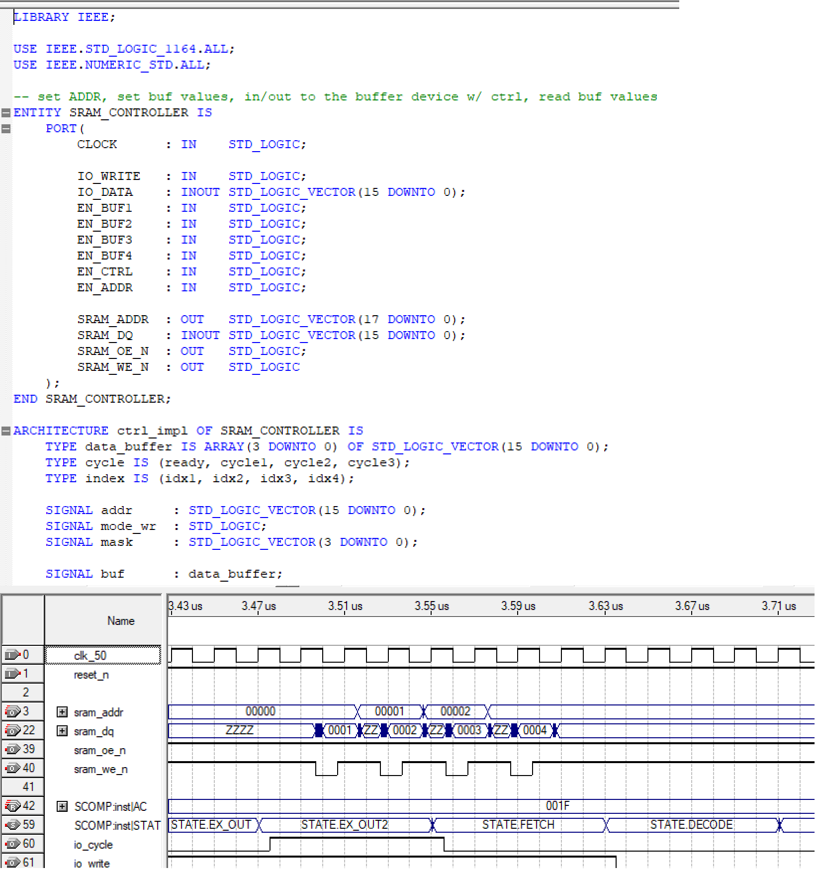 VHDL code for the interface and simulation waveform